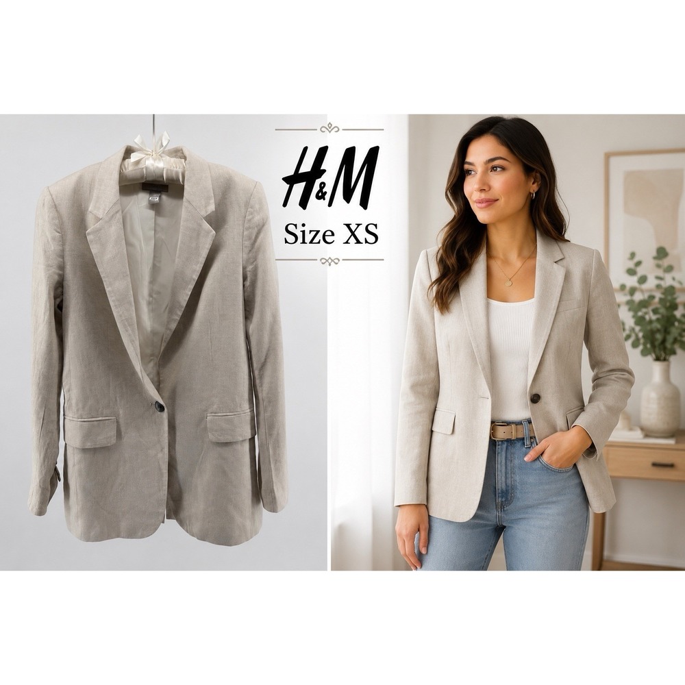 H&M Linen Blend Blazer XS Tailored One Button Jacket Classic Minimalist